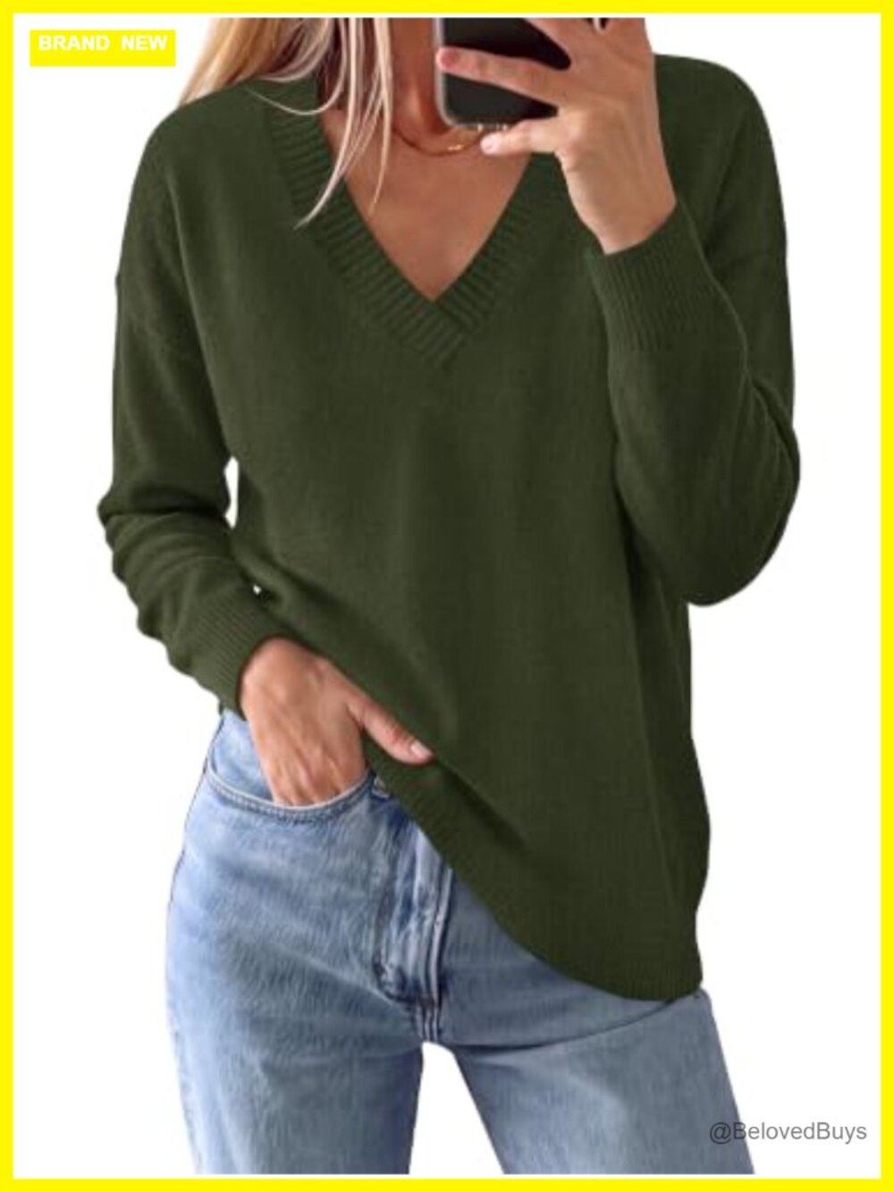 V Neck Knit Pullover Sweater Loose Fit Long Sleeve Casual Fall